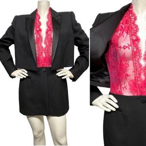 ALEXANDER McQUEEN Trompe L'Oeil Wool Silk Tuxedo Jacket Pink Lace Top S M 6 8